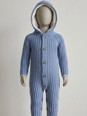 Baby B'Gosh Blue Sweater Romper W/Buttons & Faux Shearling Hood. 9 Months.
